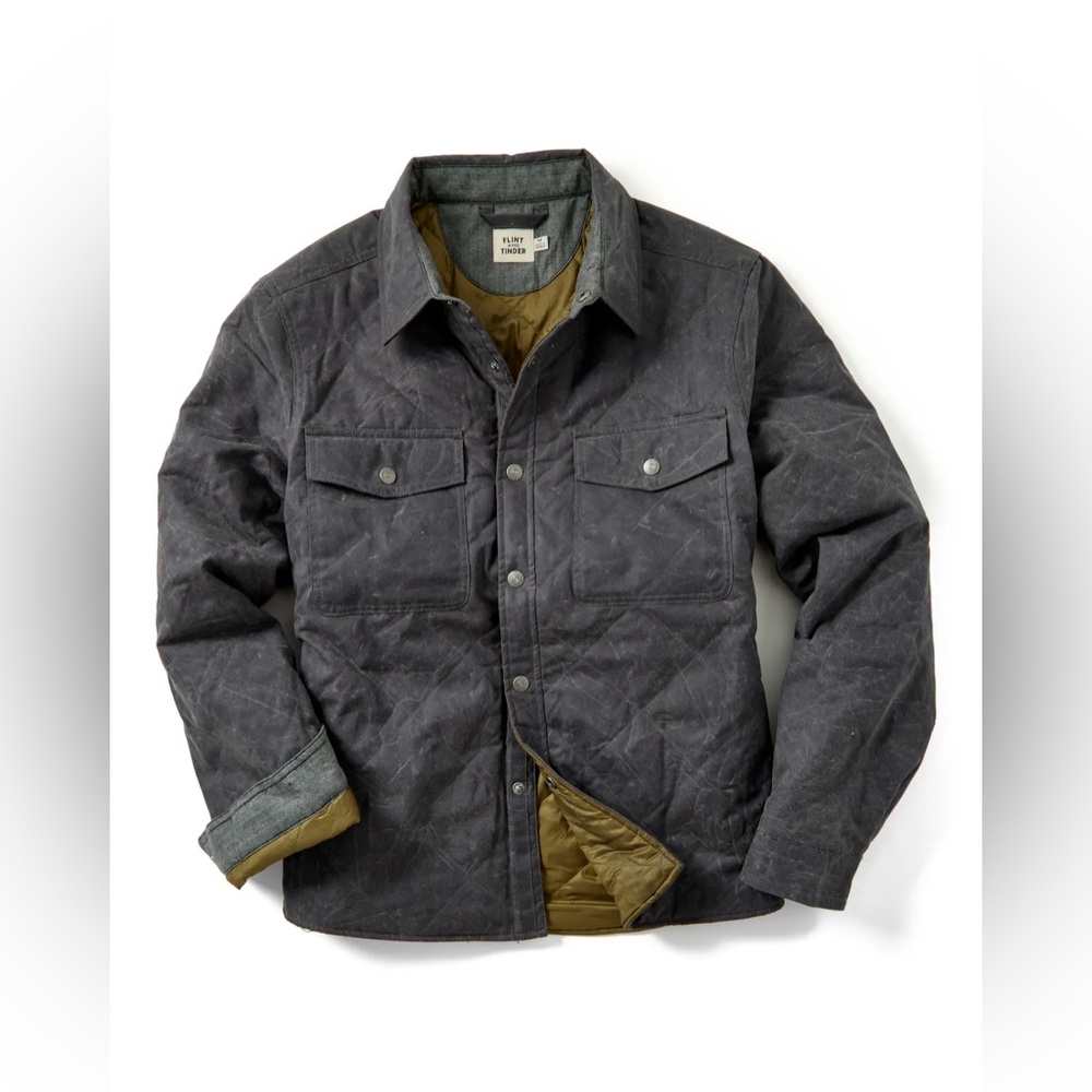 FLINT AND TINDER Quilted Waxed Shirt Jacket
 in Grey with Green Lining.